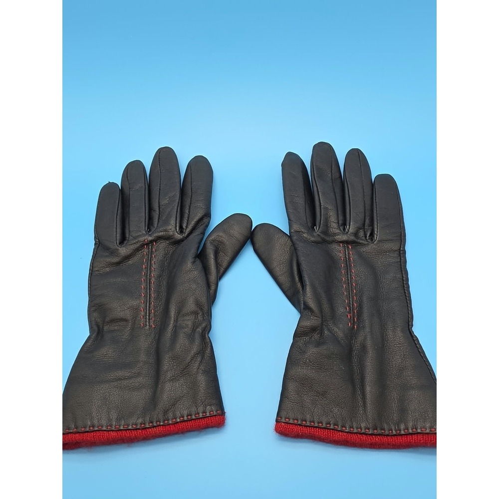 Vintage Black Leather Gloves Red Stitching And Lining
